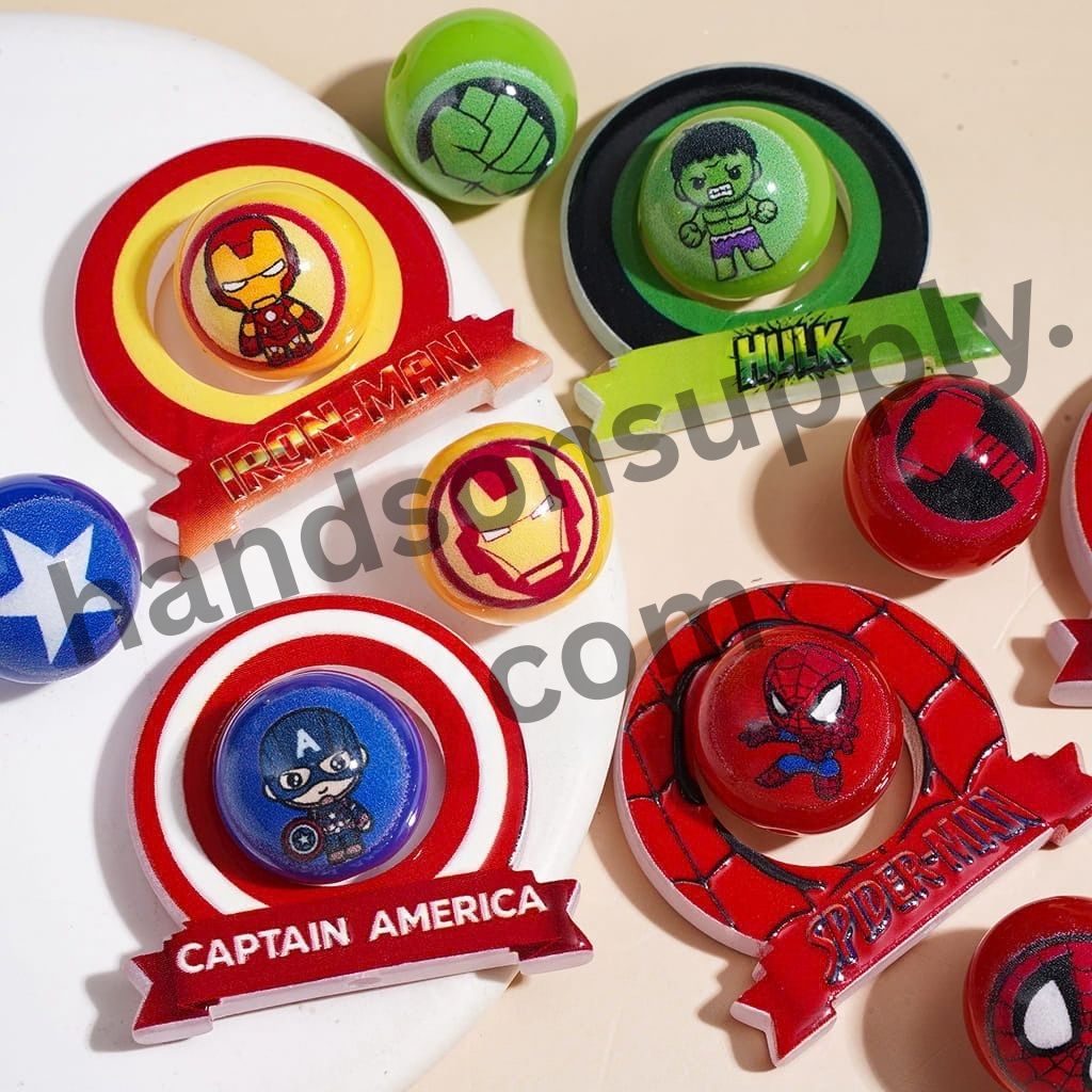 Powerful Superhero Character Name Tag Frame & Round Acrylic Beads Collection Set, Random Mix