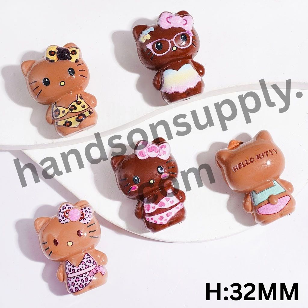 Adorable Dark and Light Brown Cat Character with Colorful Swimsuit Designs Acrylic Beads, Height 32MM, Random Mix