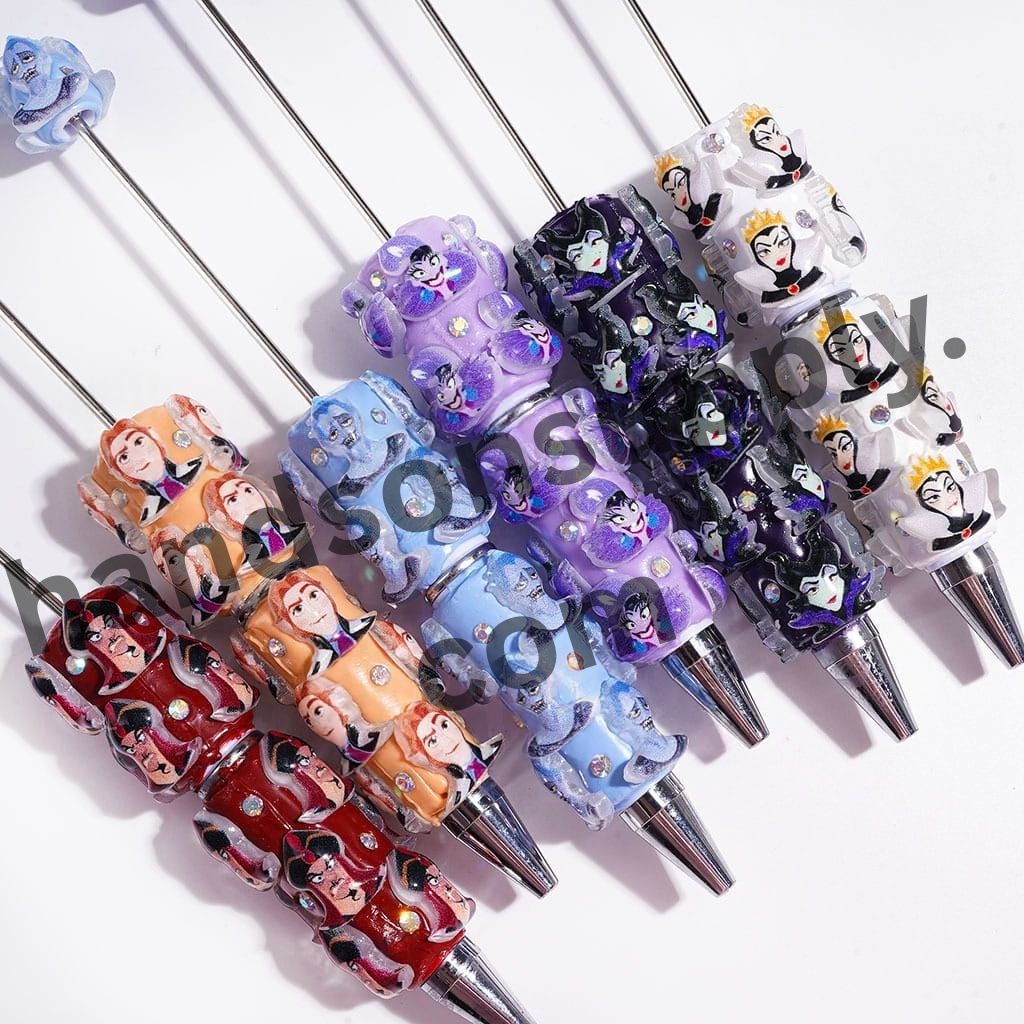Retro Iconic Animated Villain Characters Design with Sparkling AB Rhinestones Beadable Clay Pens, Various Color Backgrounds