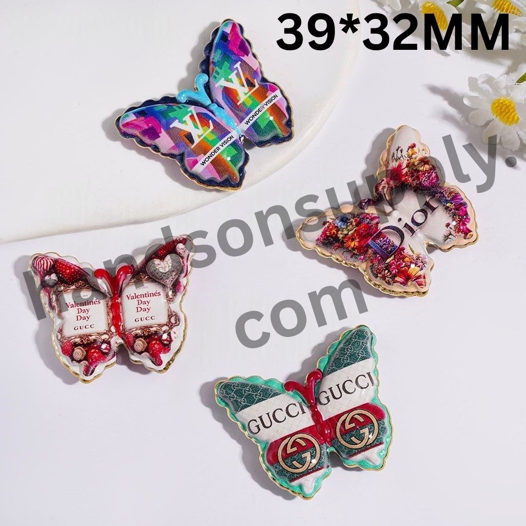 Luxury Fashion Brand Print with Gold Border Butterfly-Shaped Acrylic Beads, 39*32MM Random Mix