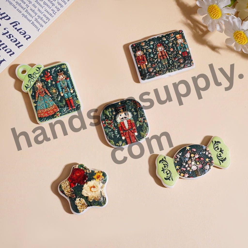 Cute Nutcracker Soldier Green Series Printed Acrylic Beads & Pendants, Random Mix