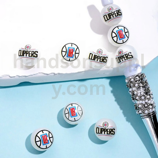LA Clippe NB Sports Frosted Matt White Round USA Basketball Theme Acrylic Beads Random Mix 16MM