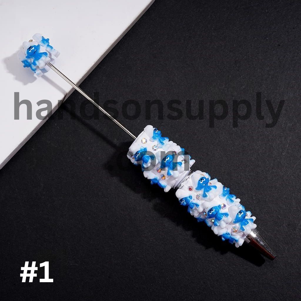 Adorable Blue Elf Cartoon Character Character Series with Sparkling AB Rhinestones on White Base Beadable Clay Pens