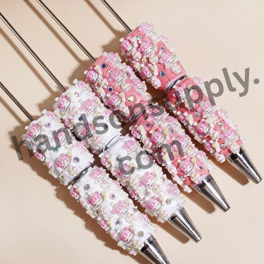 Cute Pink-Haired Girl Blowing Bubbles with AB Rhinestones, Pink & White Background Beadable Clay Pens