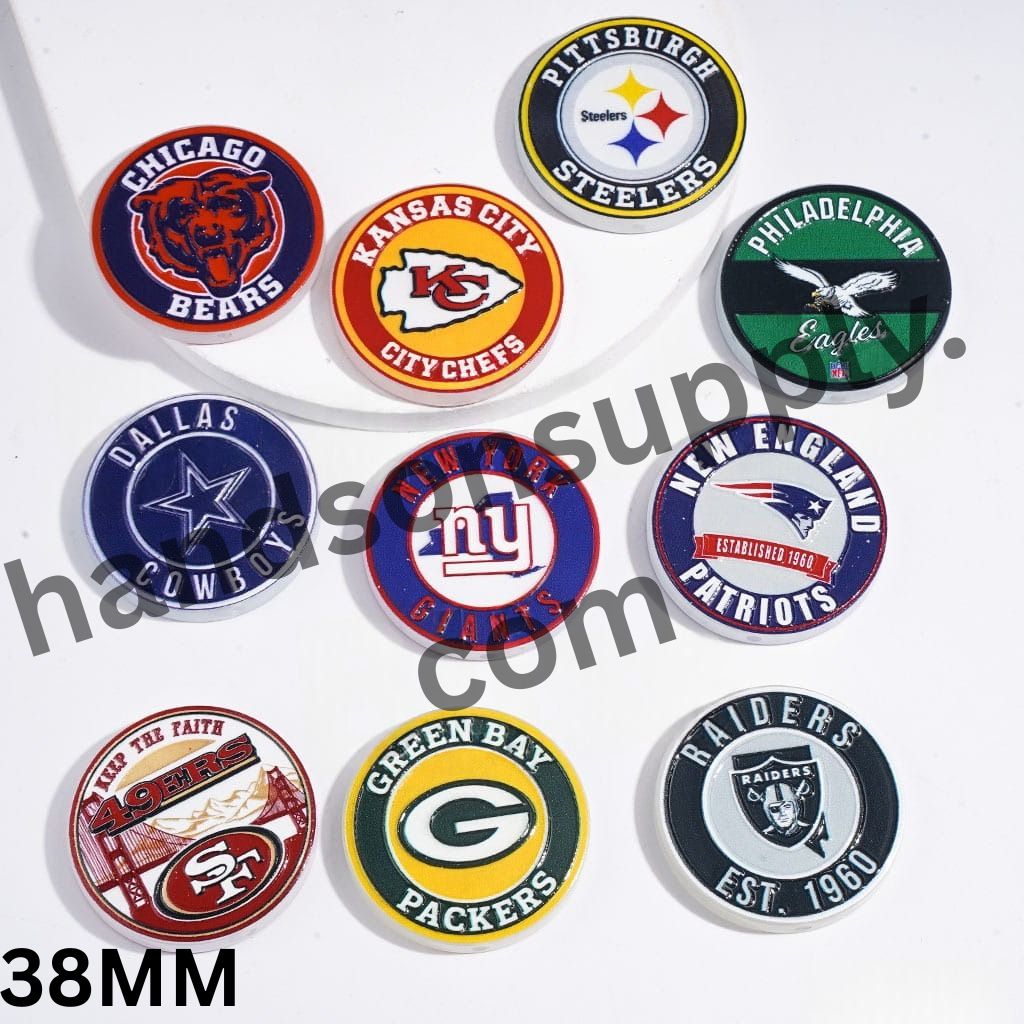 American Football Team Logo Designs Flat Round Acrylic Beads, 38MM, Random Mix