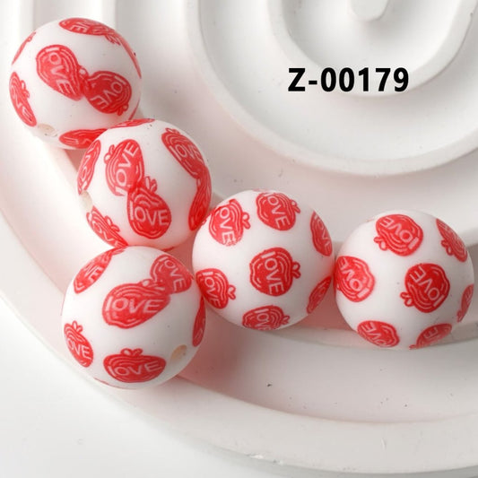 Printed Red Apples with Love White Round Silicone Beads 15mm, Number Z-00179