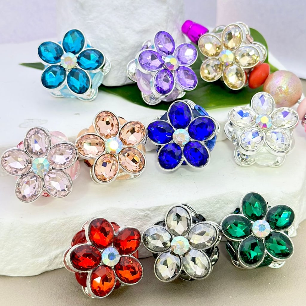 Silver Alloy Delicate Fancy Flowers with Colorful & AB Rhinestones, and Oval Pearls, Clay Beads, Around 26mm