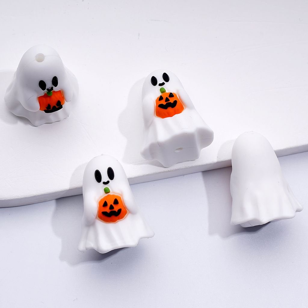 3D Cute White Ghost with Pink Heart Bowknot & Pumpkin Halloween Silicone Focal Beads