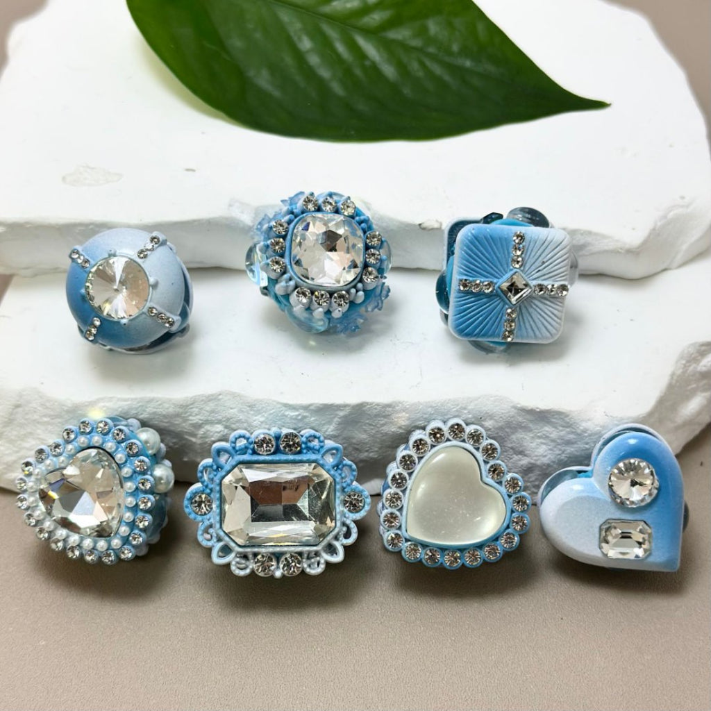 Ombre Blue Series Fancy Alloy Heart, Rectangle with Shiny Rhinestones, Square, Pearls, Clay Beads