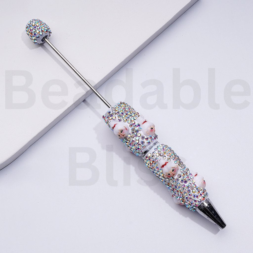 White Color Beadable Clay Pens with Cute Girl Moll MiniChic AB Rhinestones Covered the Entire Pen