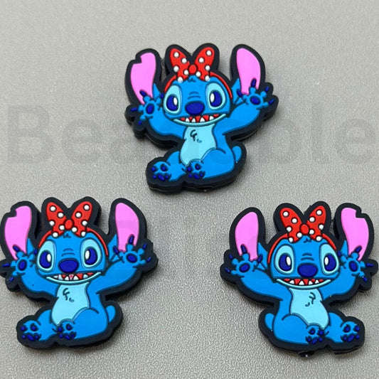 Blue Stitc with Red Bowknot Cute Silicone Focal Beads