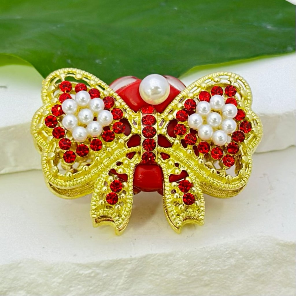 Gold Alloy Fancy Bling Bling Bowtie Bowknot with Colorful Rhinestones, White Pearls, Oval Pearls, and Clay Beads, Around 45*32mm