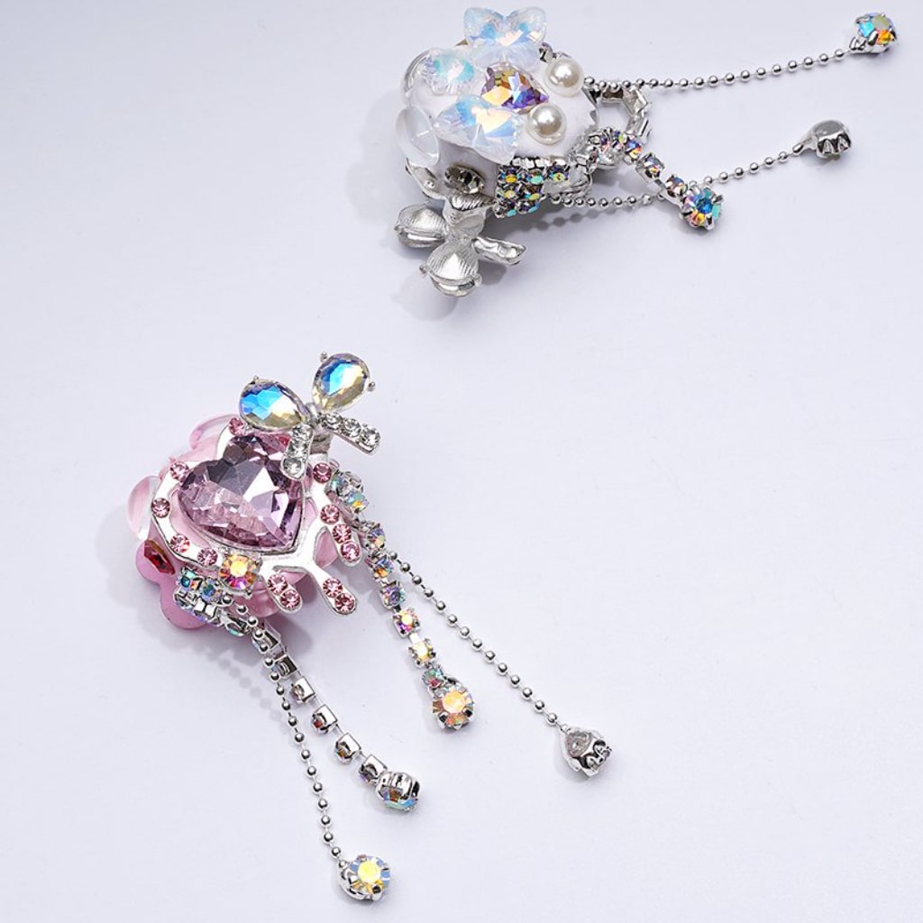 Silver Alloy Exquisite Fancy Hearts Bows with Shiny Rhinestones Chains Tassels White Pearls Cute Hearts Butterflies Stars Clay Beads,  Around 30*60MM