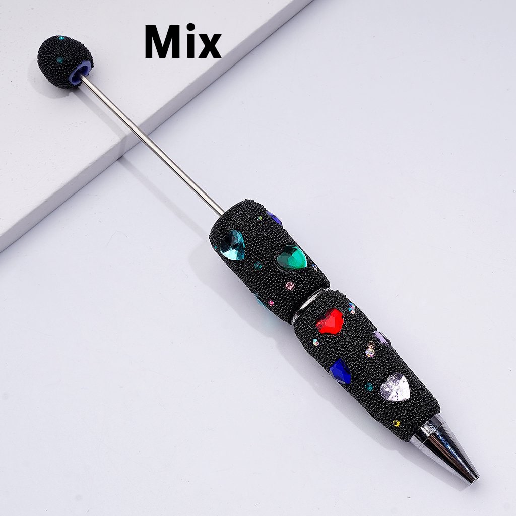 Clay Beadable Pens – Covered in Mini Rhinestones, Shiny Heart Accents & Black Snowball Texture