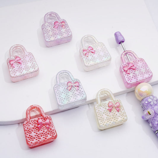 UV Glossy Acrylic Beads Pink Bowknot Handbag with White Lace Flower, 26×32MM, Mixed Assortment