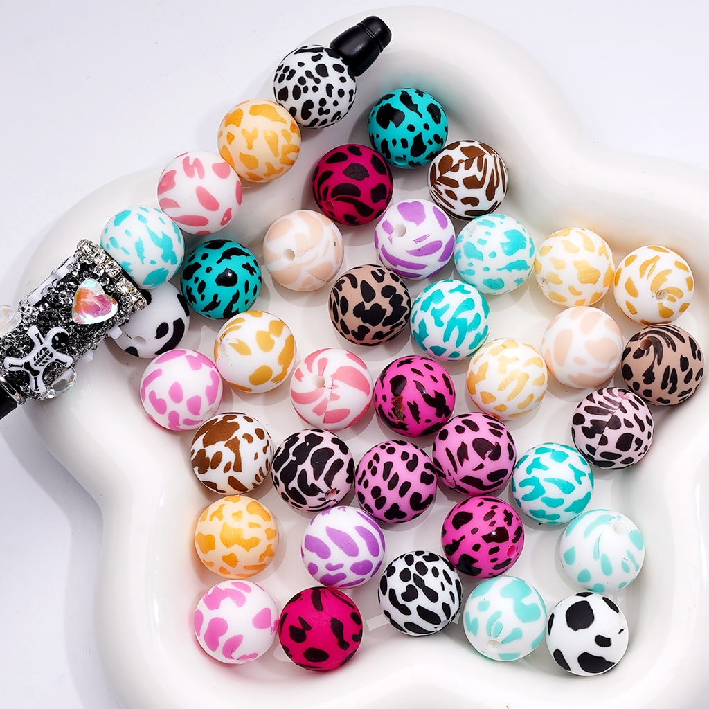 Cow Print Multicolor Design Style Z-00276 Silicone Beads 15MM