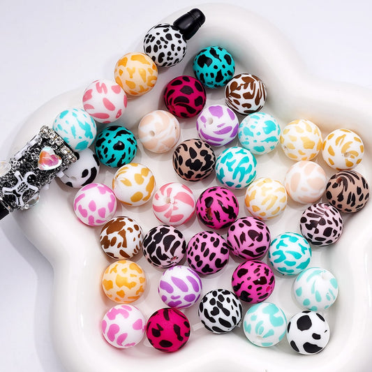 Cow Print Multicolor Design Style Z-00276 Silicone Beads 15MM