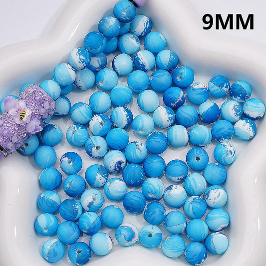 Waves Printed Blue Silicone Beads, 9MM, Number Z-00264