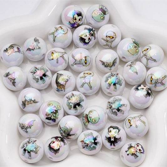 UV Coating Halloween Mummy Bat Zombie Horror Vampire Round Acrylic Beads, 16MM, Random Mix