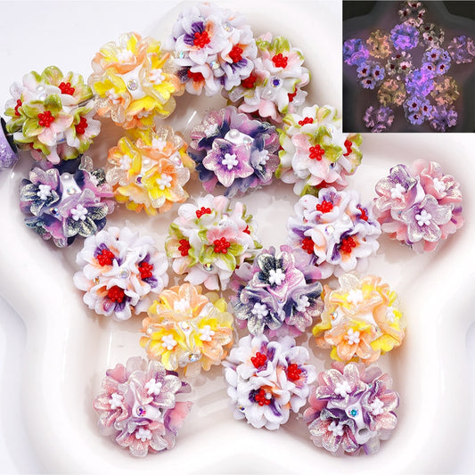 Luminous Glitter Flower with White Pearls and AB Rhinestones Clay Beads 23MM Random Mix