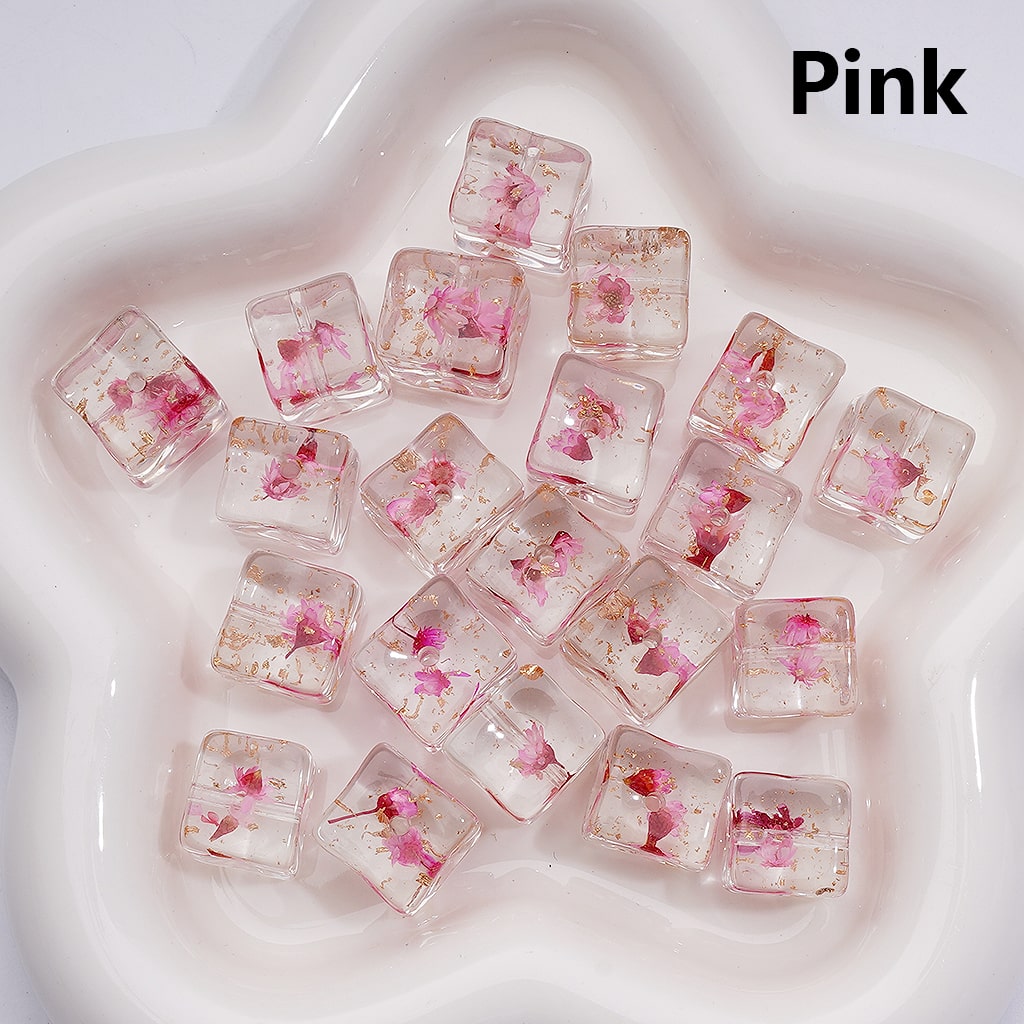 Multi-Color Clear Cube Square Acrylic Beads 14–15MM Dried Flowers Gold Foil Paper Inside (Single Color is available for 200pcs Whole bag)