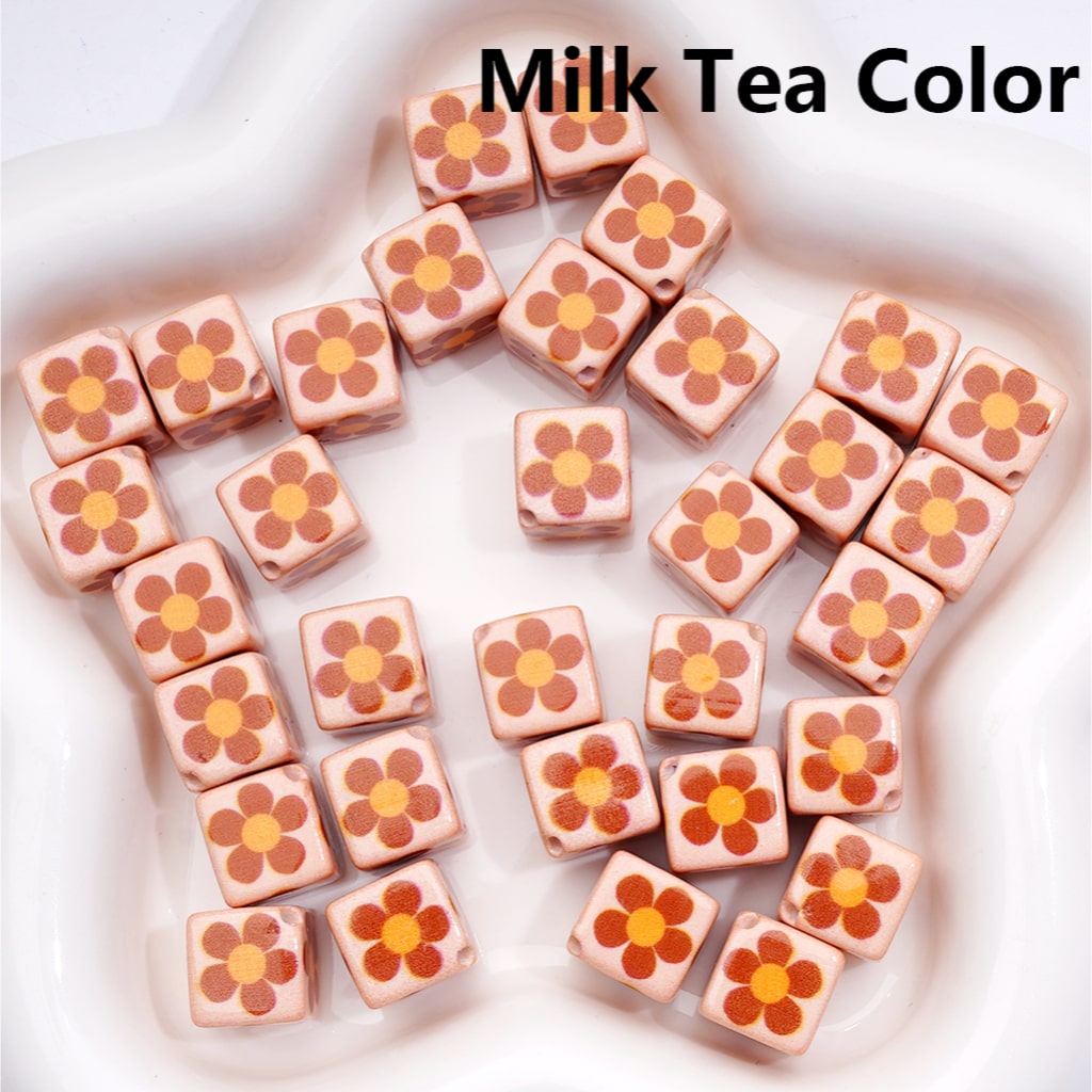 Square Cube with Mini Flowers 12MM Solid Colors Acrylic Beads Single Color Option