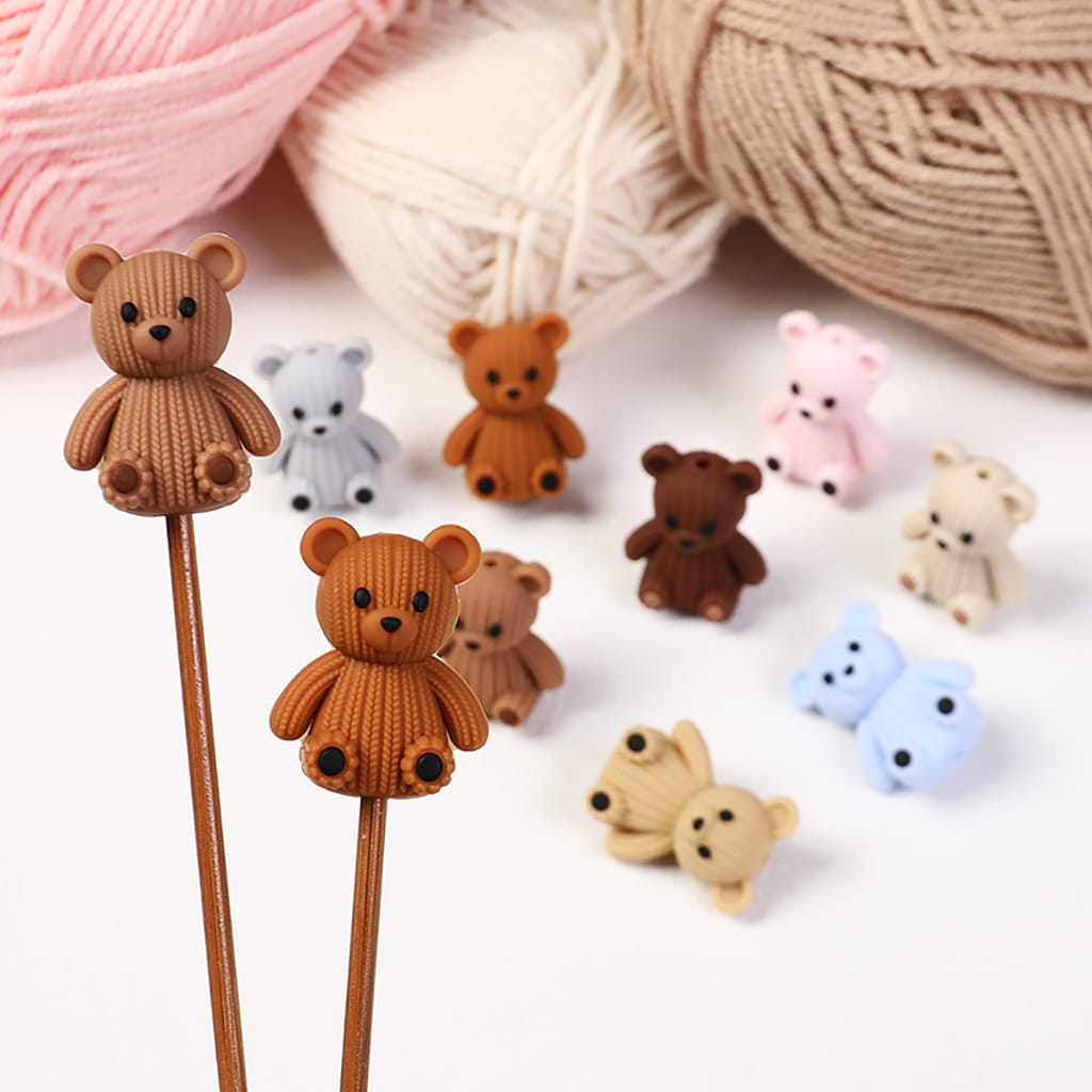 3D Adorable Knitted Teddy Bear with Wool Yarn Texture Silicone Focal Beads, Multi Colors Random Mix