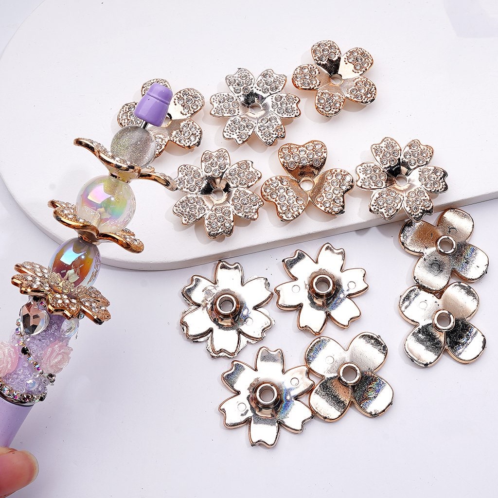 Cute Gold Acrylic Flower Spacer with Clear Rhinestones Jewelry Accessory, Random Mix, Approx. 30MM