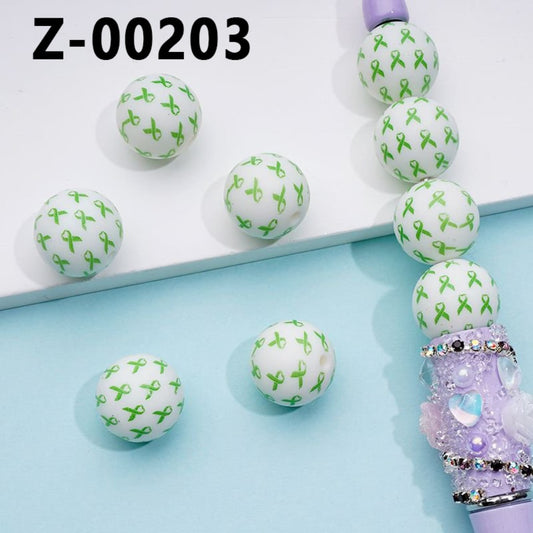 Green Ribbons White Printed Silicone Beads 15MM, Number Z-00203