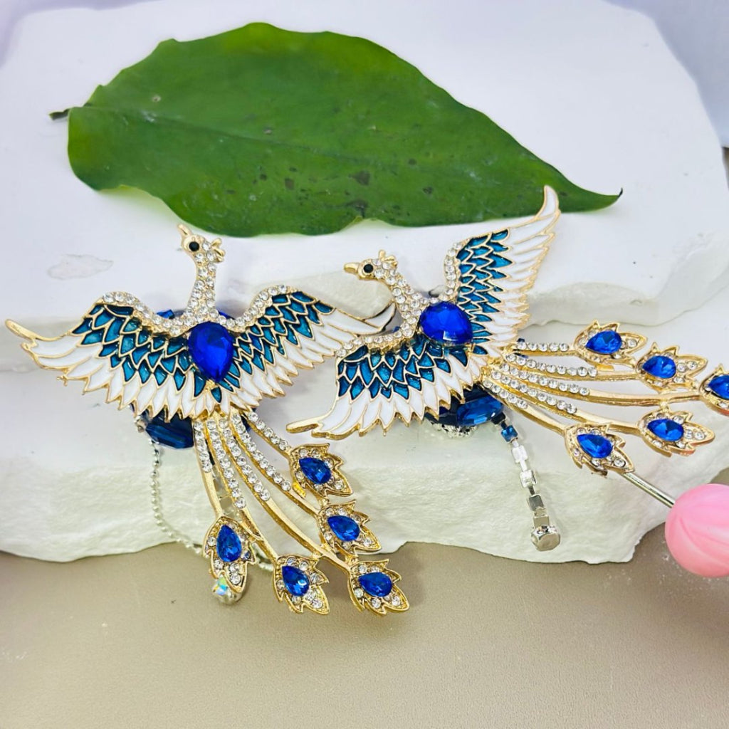 Clear Rhinestones, Shiny Rhinestones Chains, Delicate Fancy Gold Alloy Phoenix Bird with Water Drop, Butterfly, Heart, Flower Diamonds, and Clay Beads, Around 73*65mm