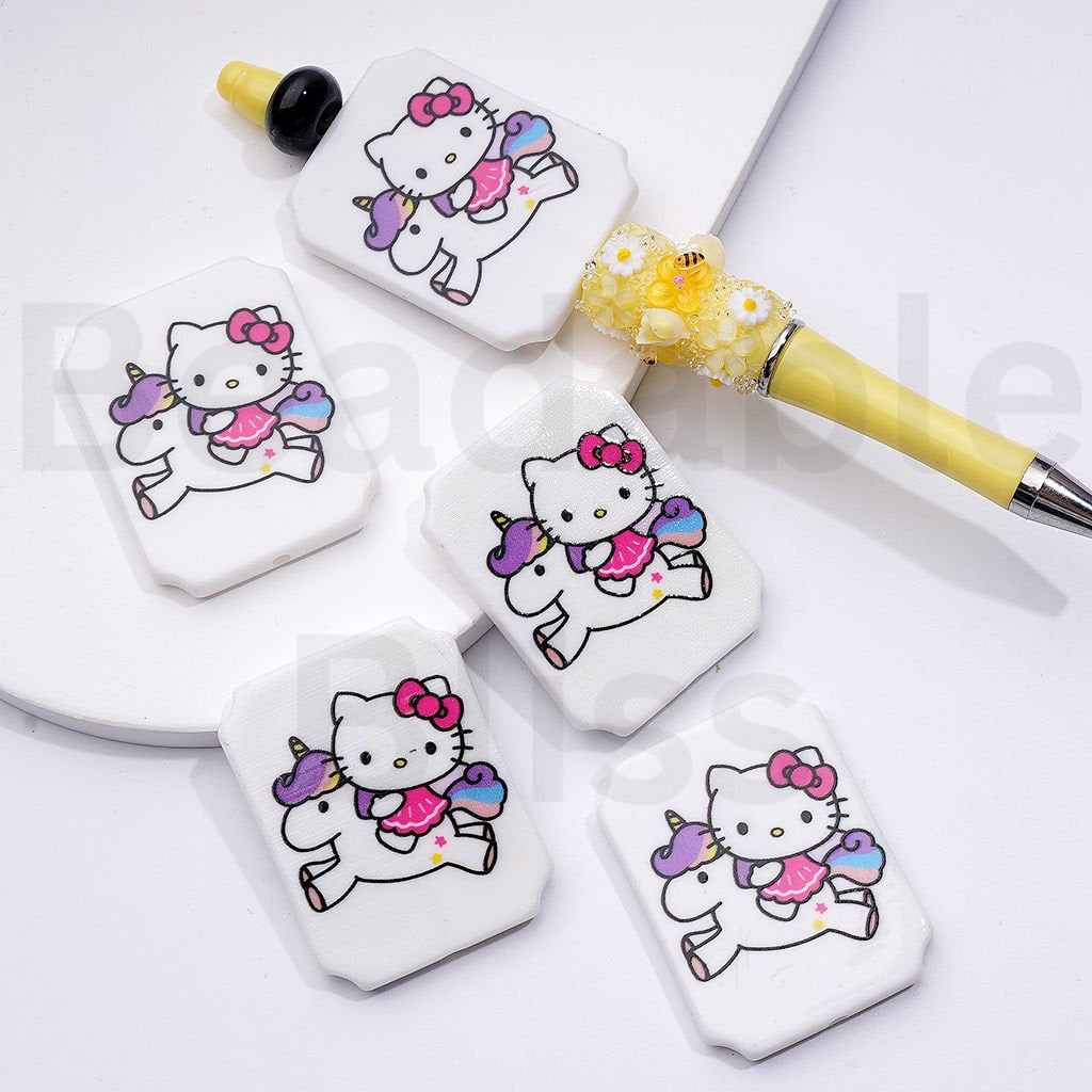 Cute Cat Character with Blue Wings Ice Cream Drives a Car Unicorn Balloons Adorable Character Rectangle Flat Acrylic Beads, Around 45*35MM