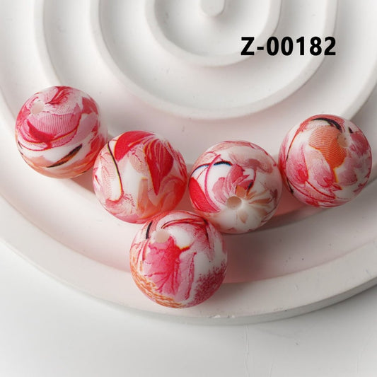 Flowers Red Round Printed Silicone Beads 15mm, Number Z-00182