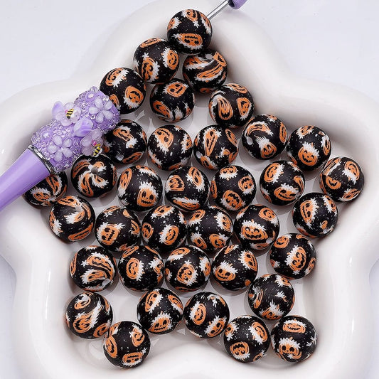 Spooky Pumpkin Ghost with White Flowers Floral Printed Silicone Beads Z-00249
