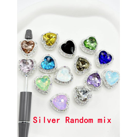 Hollow Alloy Acrylic Beads Silver & Gold Heart Shape with Heart Rhinestones, 20MM by 20MM