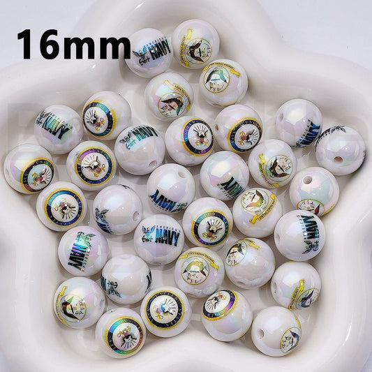 16mm white beads with colorful labels on a white background

