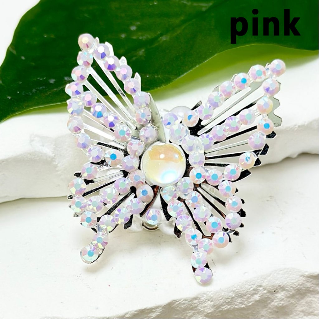 Silver Alloy Fancy Bling Bling Butterfly with Colorful Mini Rhinestones, White Pearls, and Colorful Mini Butterfly Rhinestone Clay Beads, Around 42*44mm.