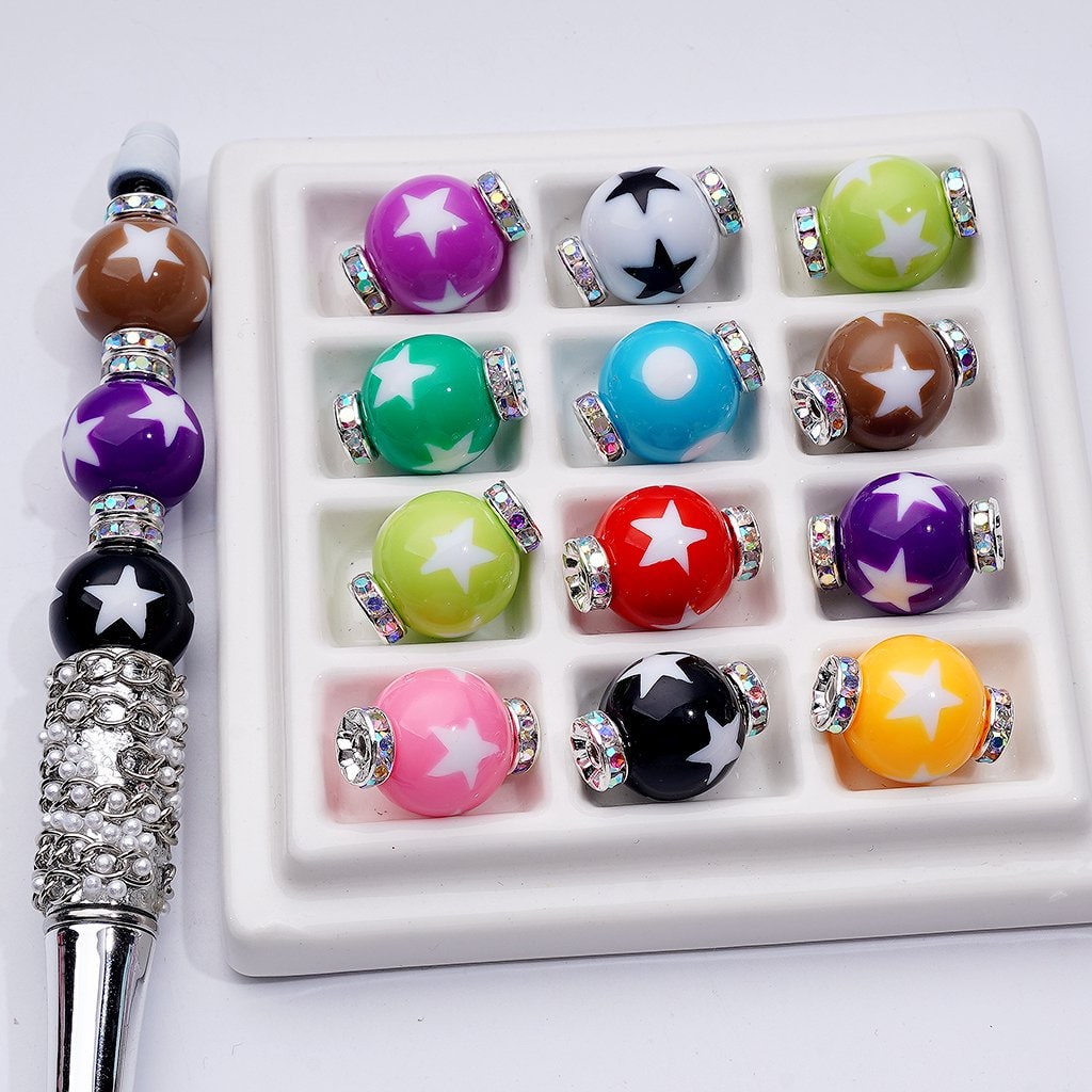 Colorful Star Pattern Beads with Silver Alloy Mini Spacers Round Acrylic, 16MM, Assorted Mix