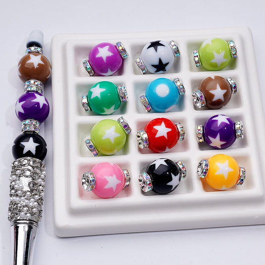 Colorful Star Pattern Beads with Silver Alloy Mini Spacers Round Acrylic, 16MM, Assorted Mix
