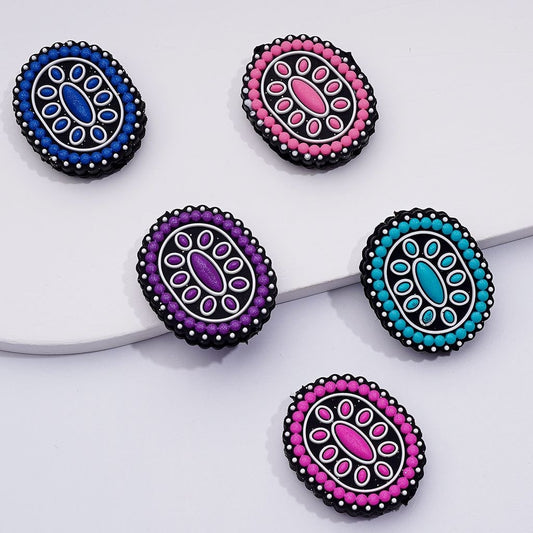 Assorted Multi-Color Gemstone Oval Silicone Beads with Western Design, Random Mix