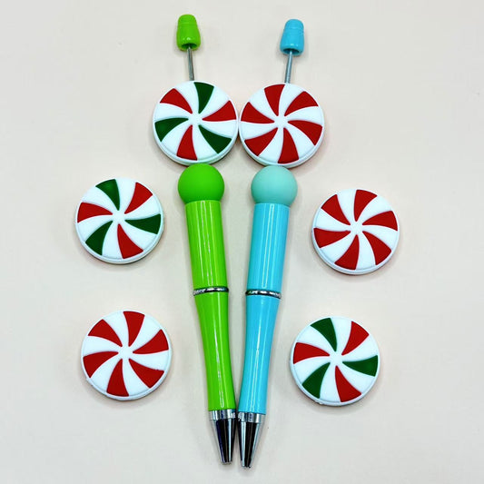 White Peppermint Candy and Red Christmas Round Silicone Focal Beads