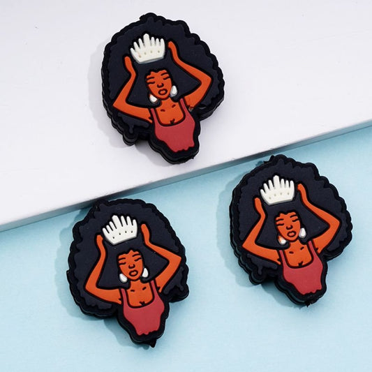 A Fashion Black Lady Woman with Long Curly Hair A White Crown Silicone Focal Beads