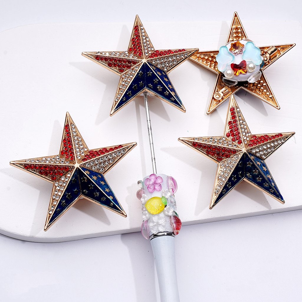 Patriotic Gold Alloy Star Featuring USA American Flag with Shiny Rhinestones, Butterflies, White Pearls, and Snowflake Clay Beads, Approximately 58MM