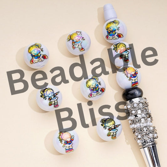 UV Finish Cute Girl Rainbow Brit White Round Acrylic Beads, 16MM, Random Mix