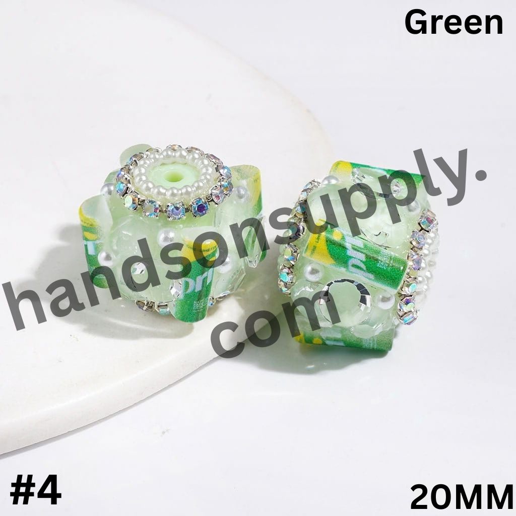 UV-Coated Famous Soft Drink Can Design with Large Cone-Shaped Rhinestones, AB Rhinestones & White Pearl Chains Handmade Acrylic Sugar Beads, 20MM, Multicolor