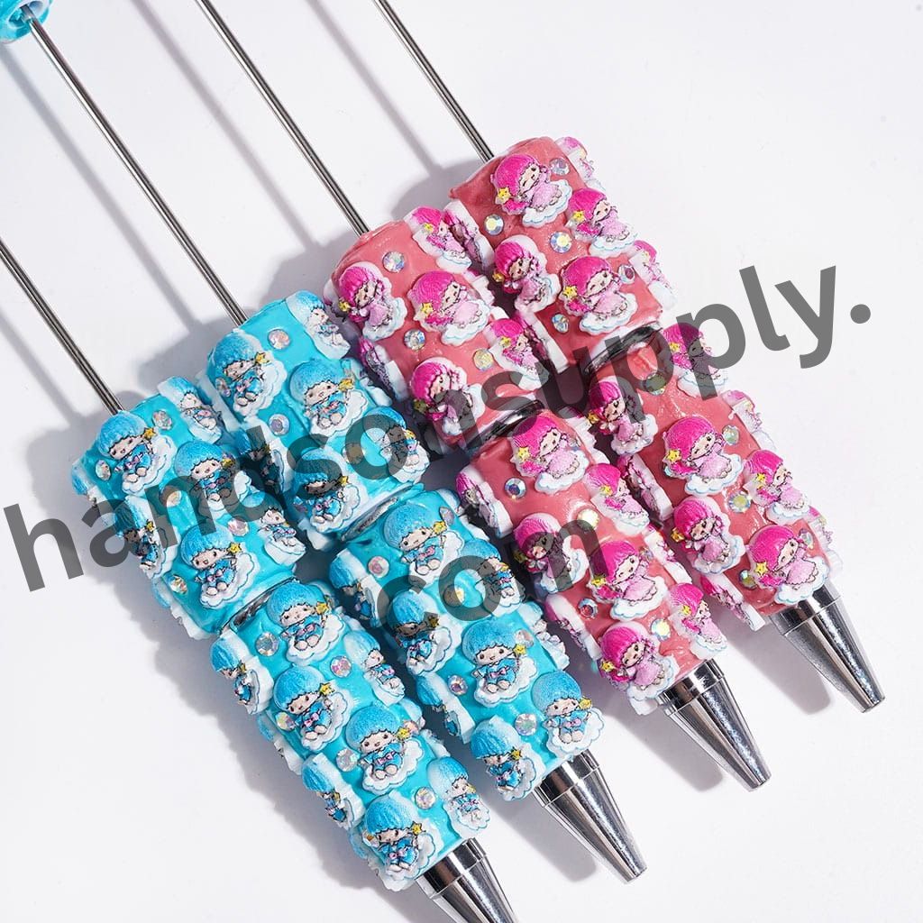 Pink and Blue Twin Star Character with White Cloud and Sparkling AB Rhinestone Beadable Clay Pen