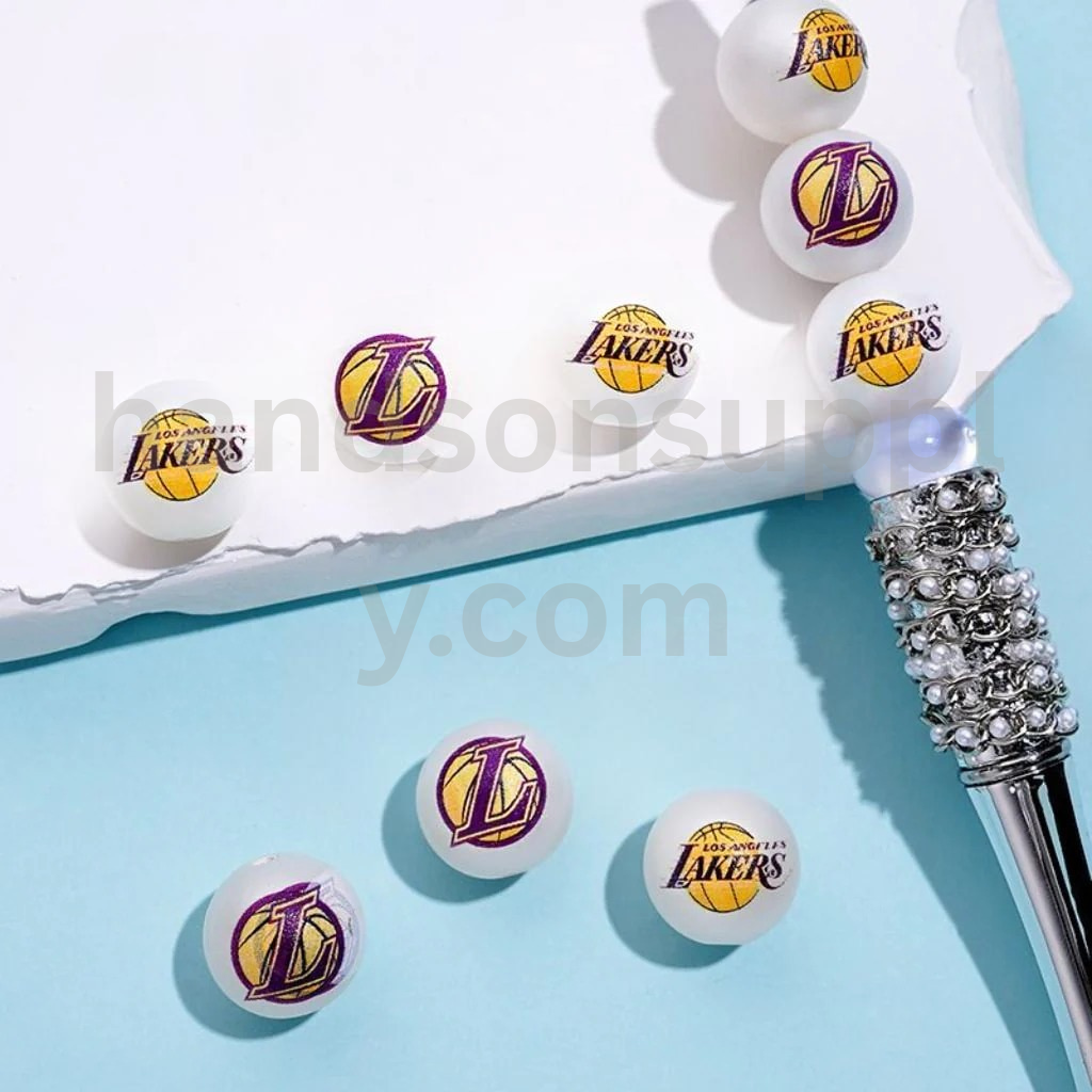 Los Angeles Lake NB Sports Frosted Matt White Round USA Basketball Theme Acrylic Beads Random Mix 16MM