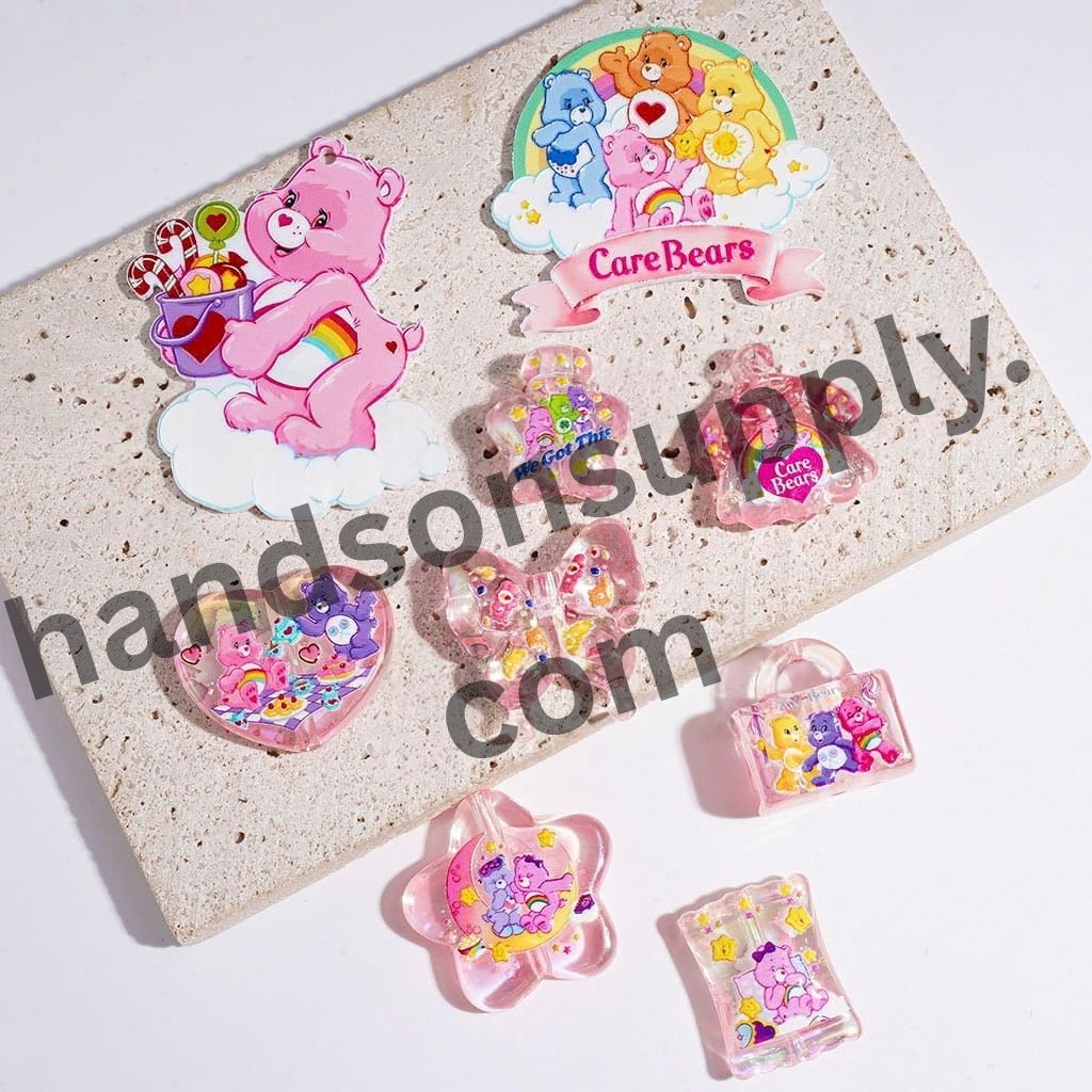 UV-Coated Rainbow Bear Character Light Clear Pink Series Acrylic Beads & Pendants, Random Mix