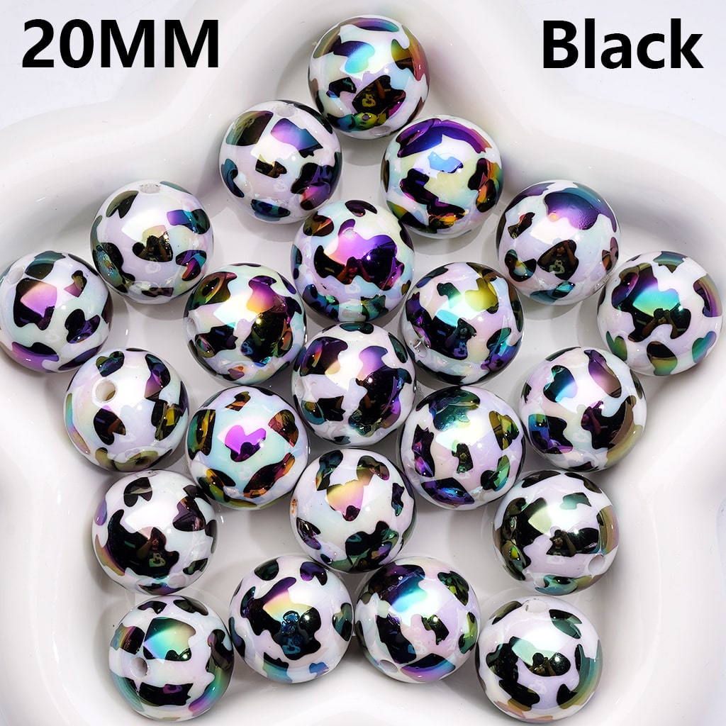 UV Coating Black Brown Cow Prints White Acrylic Beads 20MM