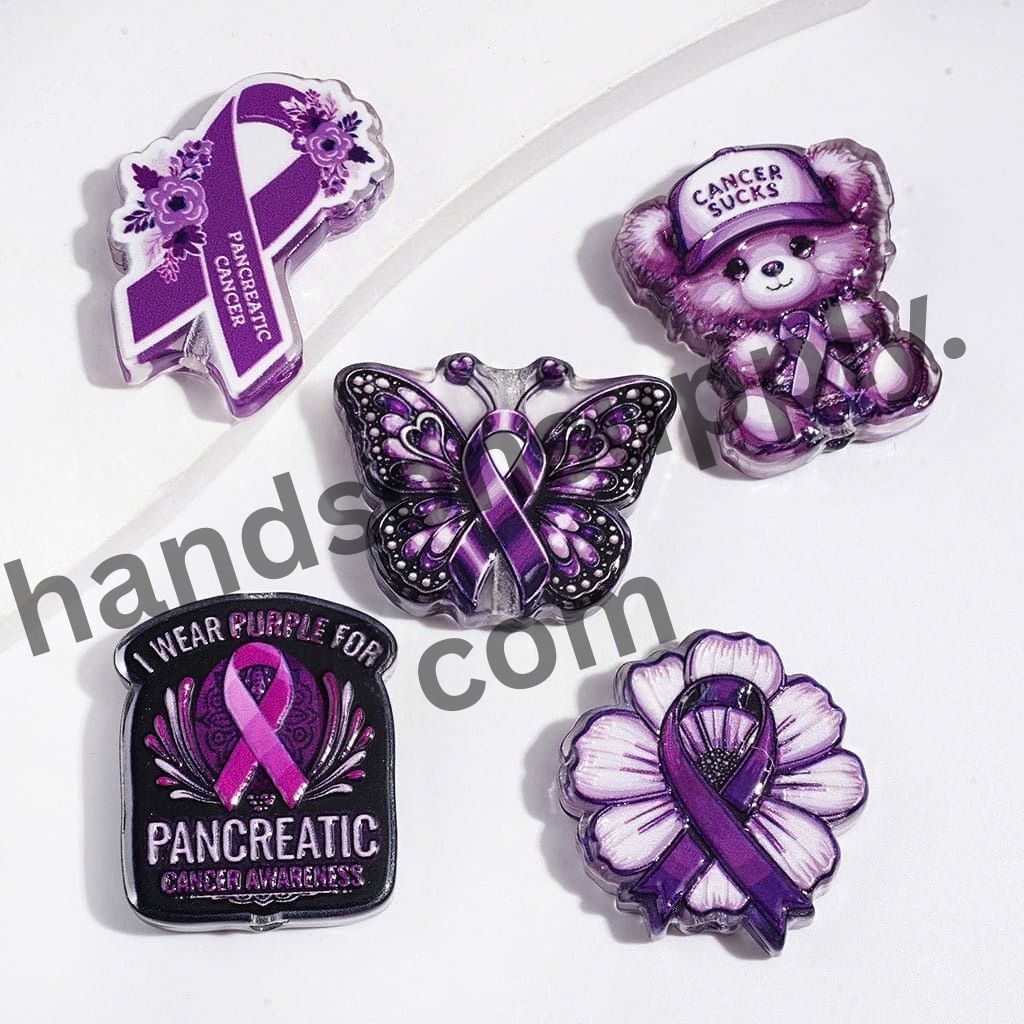 Adorable Purple Ribbon Pancreatic Cancer Awareness with Butterfly & Flower Patterns Acrylic Beads, Random Mix