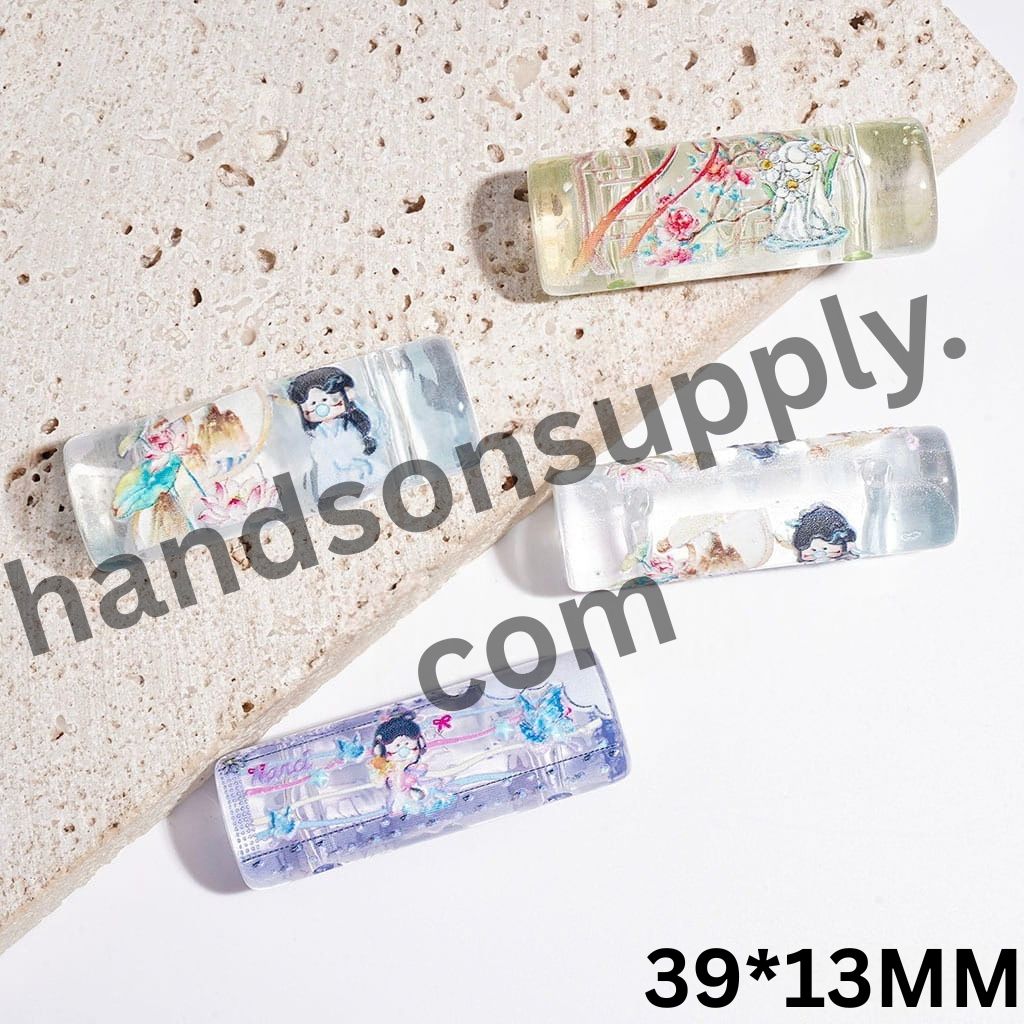 Adorable Baby Girl Doll Blowing Bubble Print Oval Cylinder Shape Clear Acrylic Beads, Two Holes, 39*13MM, Random Mix